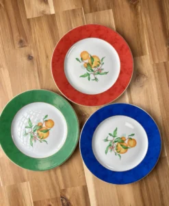 Haviland Limoges France lot 3 assiettes « Fruits d’Été » bord rouge bl