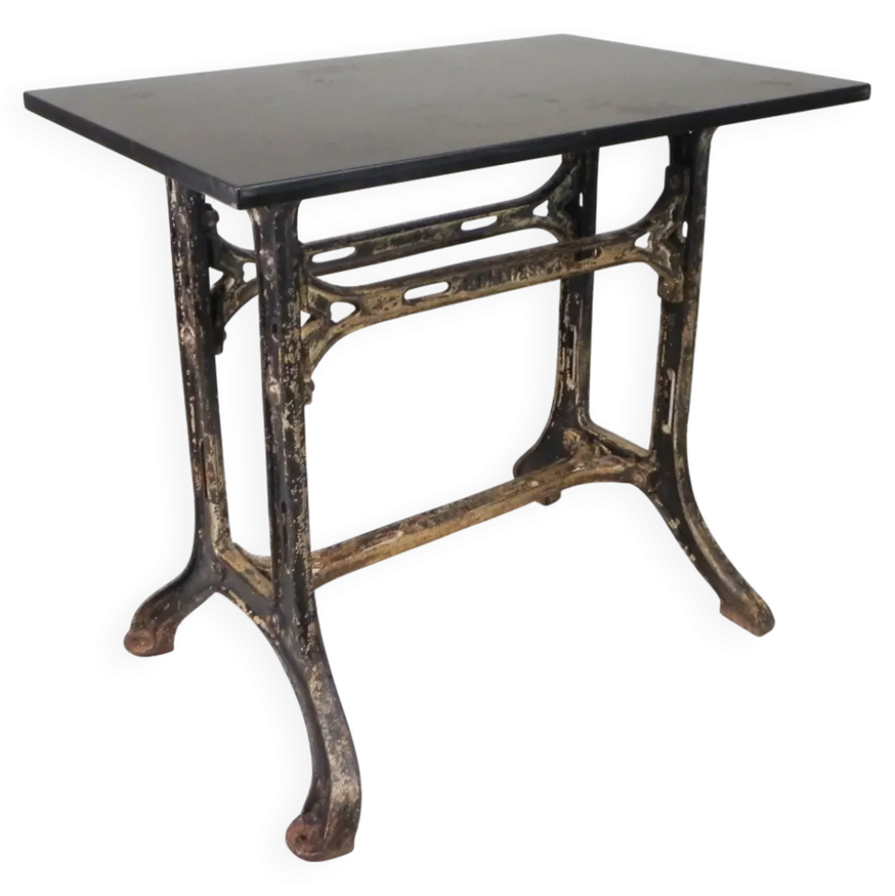 Industrial table, garden table with hard stone slab on cast iron frame, 1930s
