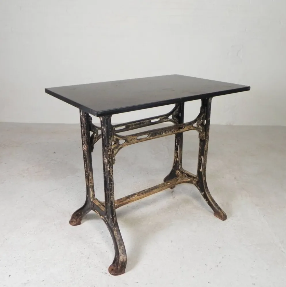 Industrial table, garden table with hard stone slab on cast iron frame, 1930s
