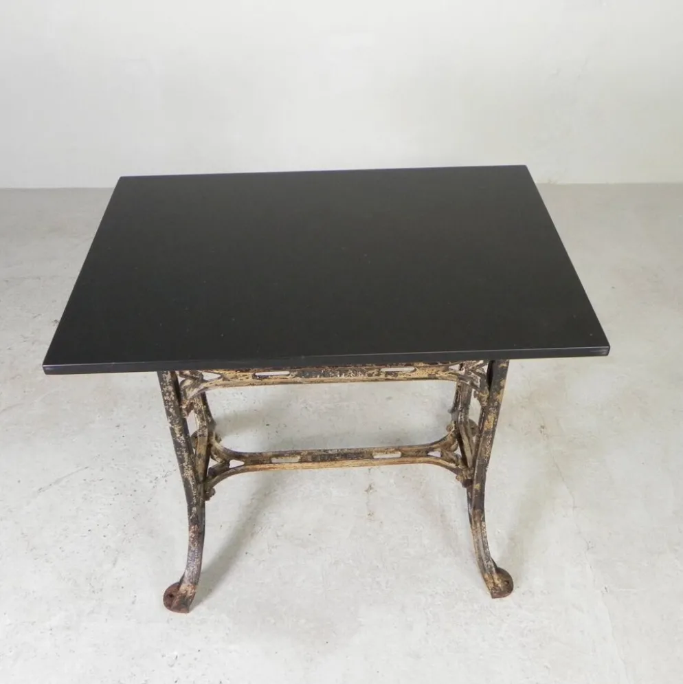 Industrial table, garden table with hard stone slab on cast iron frame, 1930s