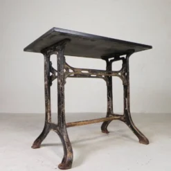 Industrial table, garden table with hard stone slab on cast iron frame, 1930s