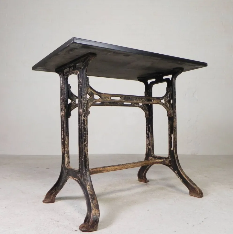 Industrial table, garden table with hard stone slab on cast iron frame, 1930s