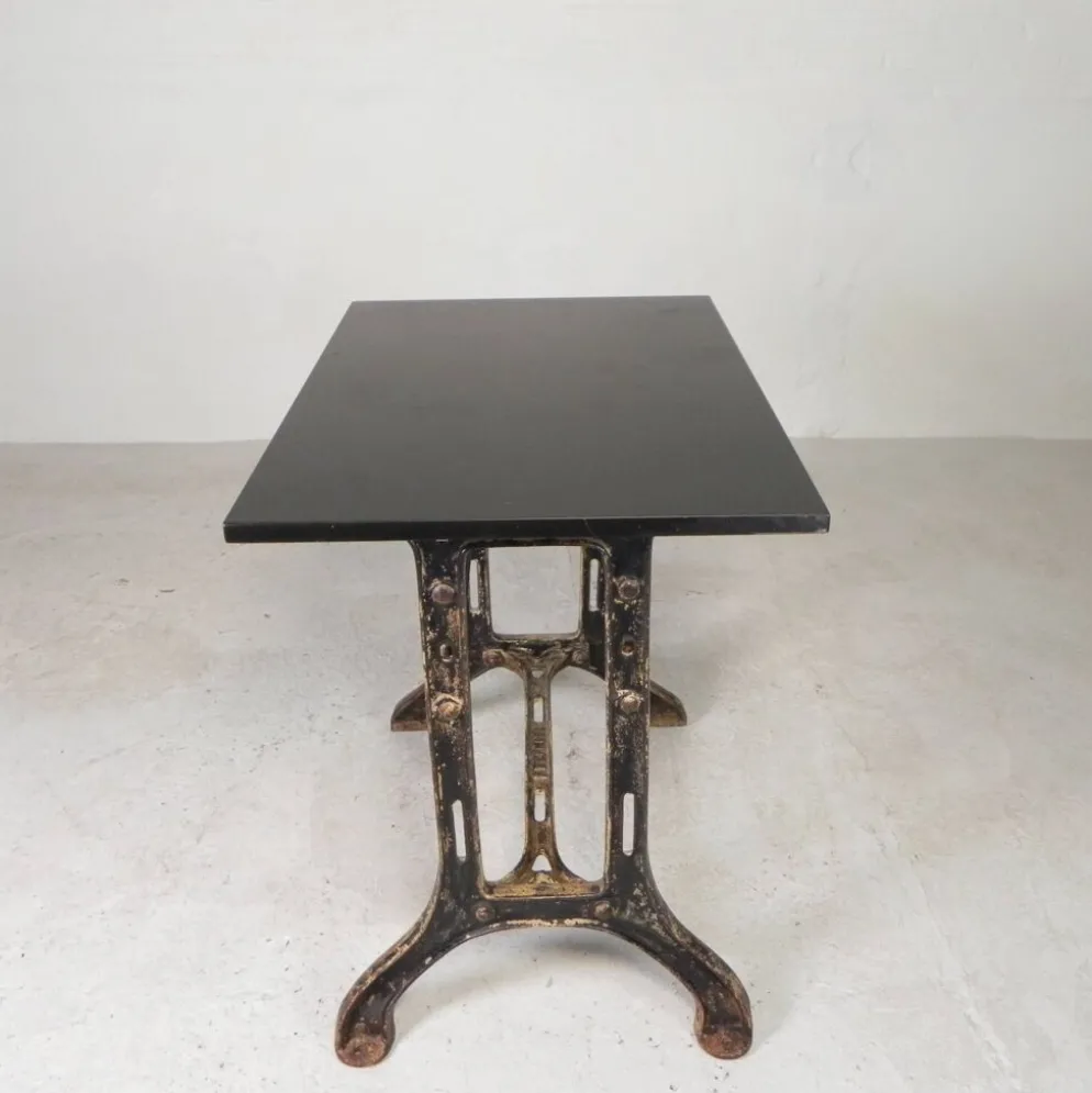 Industrial table, garden table with hard stone slab on cast iron frame, 1930s