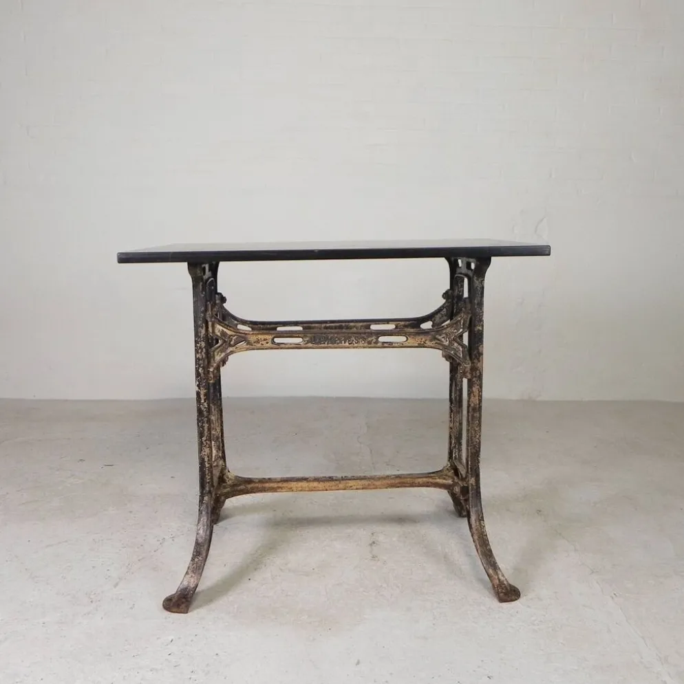 Industrial table, garden table with hard stone slab on cast iron frame, 1930s