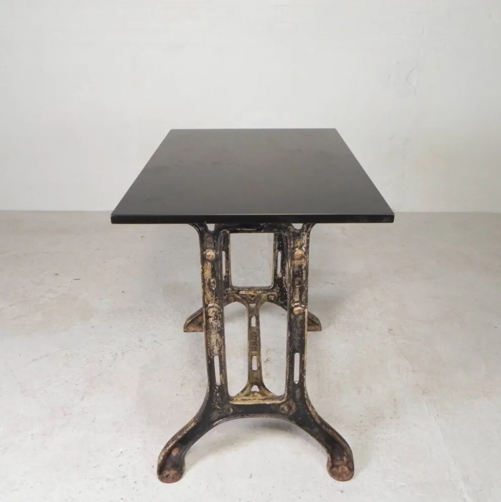 Industrial table, garden table with hard stone slab on cast iron frame, 1930s