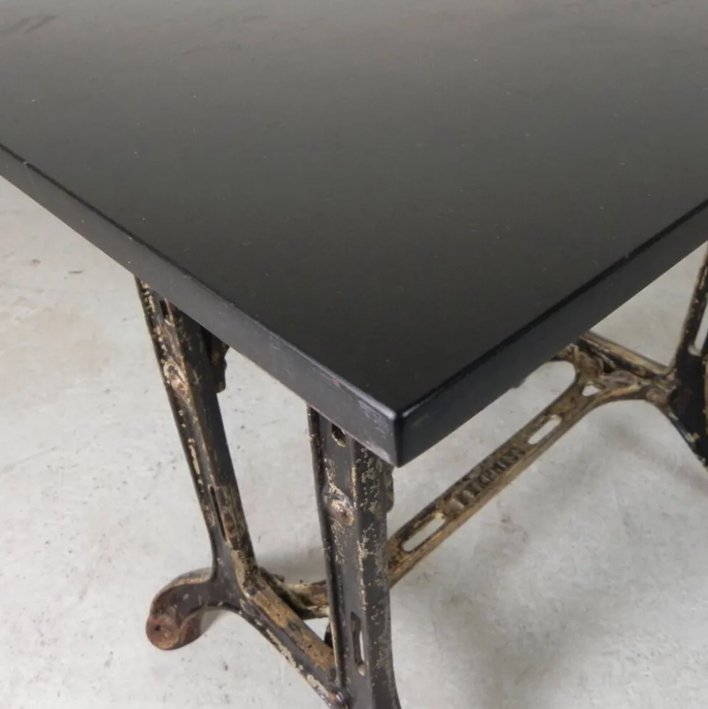 Industrial table, garden table with hard stone slab on cast iron frame, 1930s