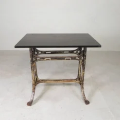 Industrial table, garden table with hard stone slab on cast iron frame, 1930s