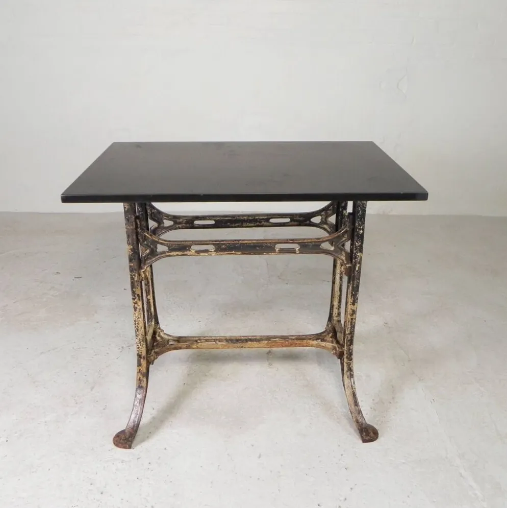 Industrial table, garden table with hard stone slab on cast iron frame, 1930s