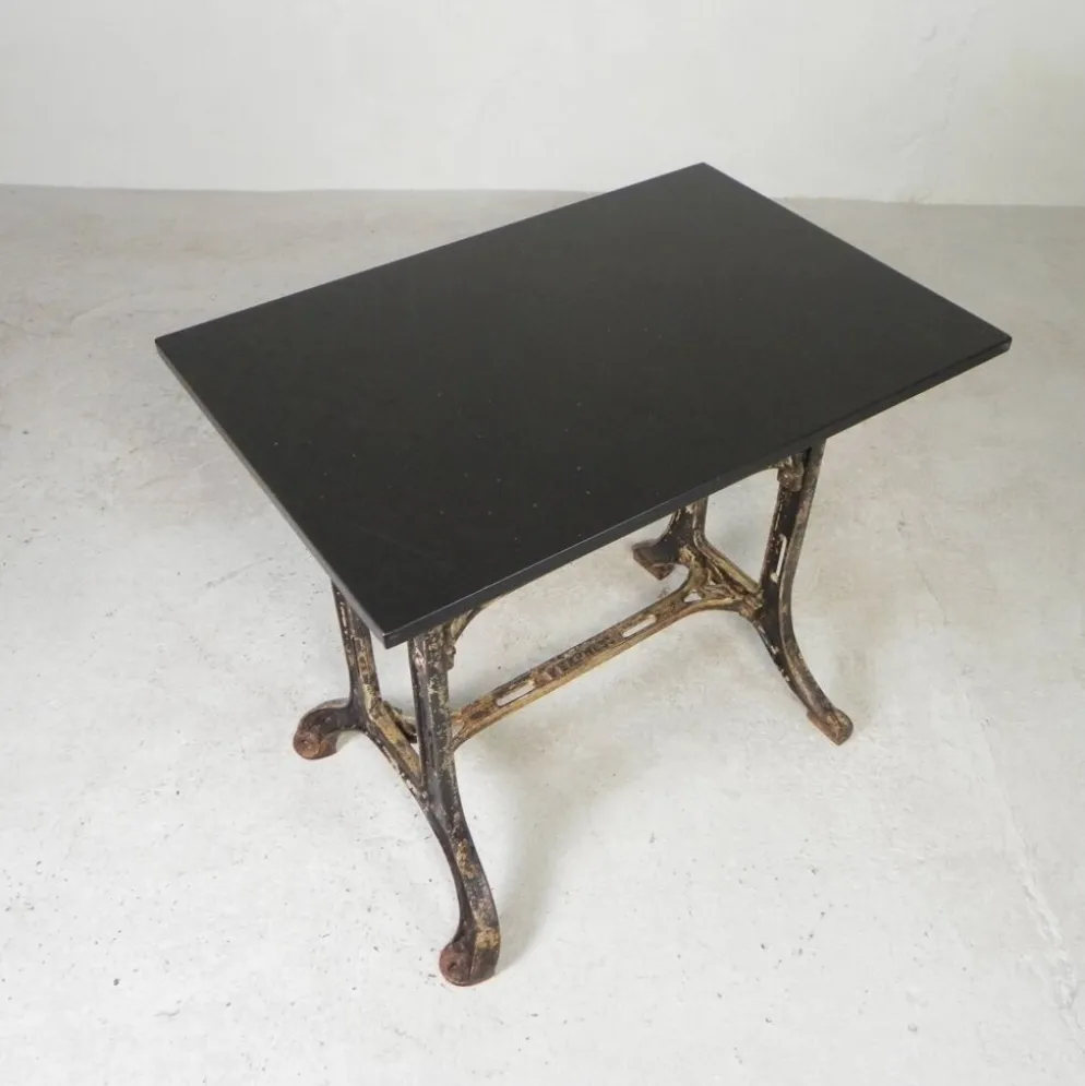 Industrial table, garden table with hard stone slab on cast iron frame, 1930s