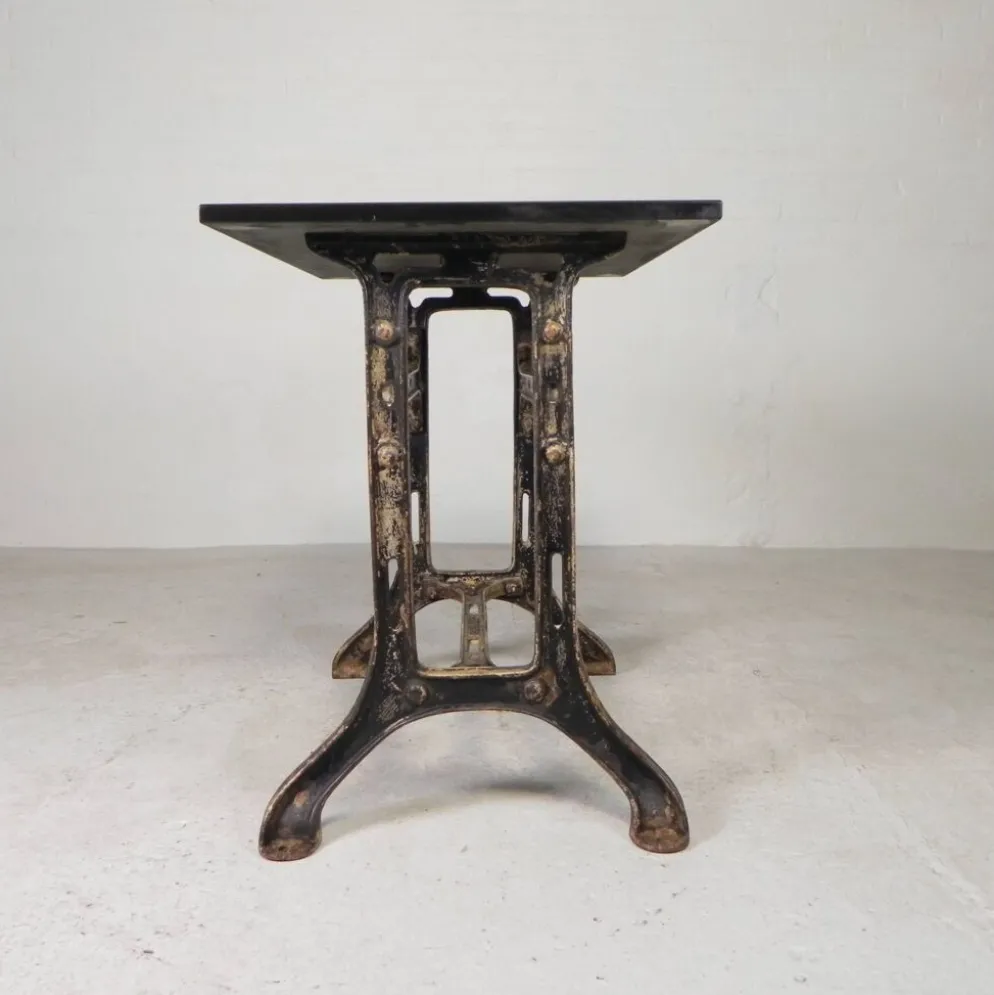 Industrial table, garden table with hard stone slab on cast iron frame, 1930s
