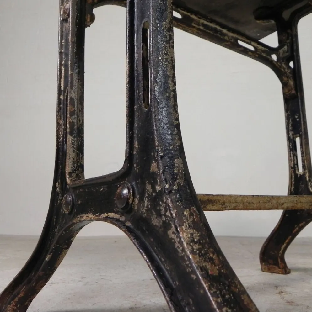 Industrial table, garden table with hard stone slab on cast iron frame, 1930s
