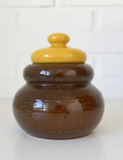 Jarre en céramique vintage faite à la main / Poterie rétro marron et jaune pour la cuisine