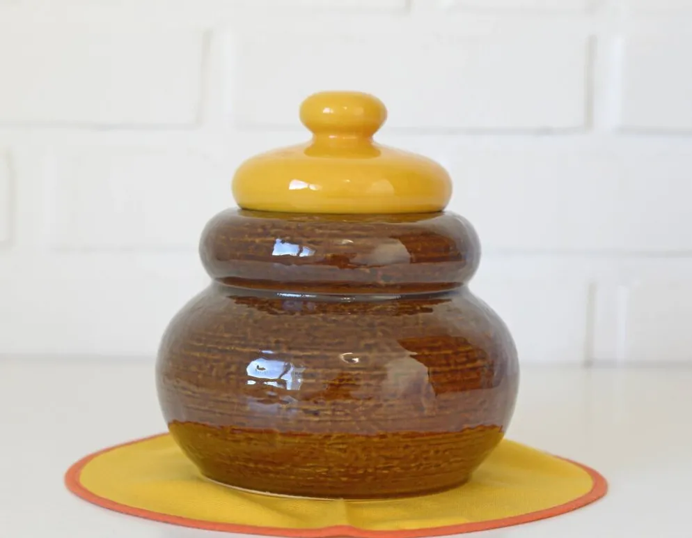 Jarre en céramique vintage faite à la main / Poterie rétro marron et jaune pour la cuisine