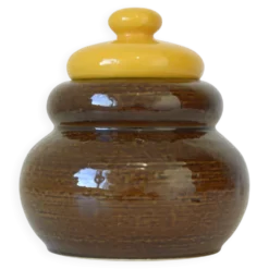 Jarre en céramique vintage faite à la main / Poterie rétro marron et jaune pour la cuisine