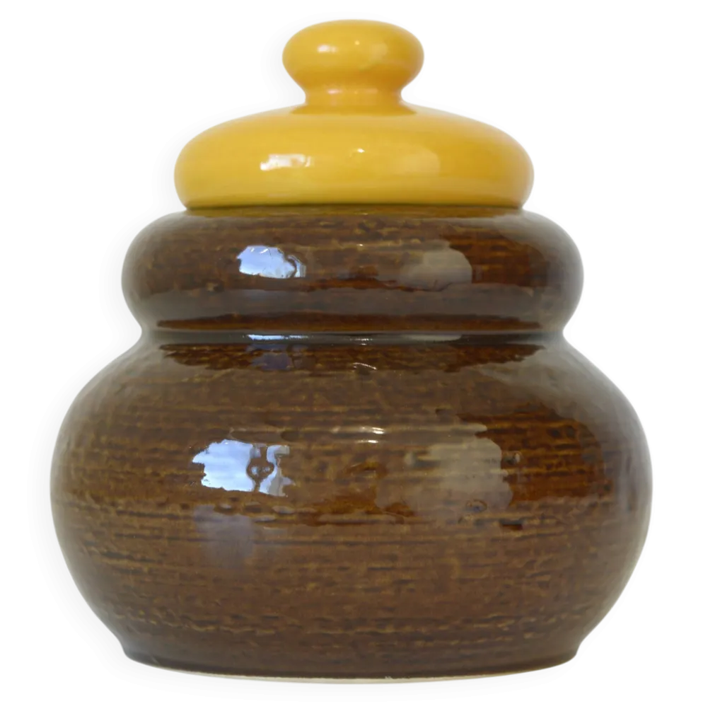 Jarre en céramique vintage faite à la main / Poterie rétro marron et jaune pour la cuisine