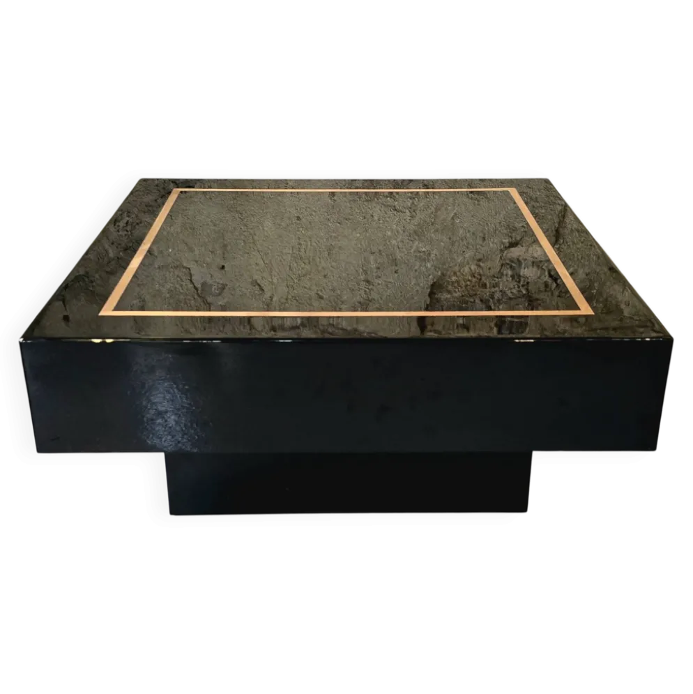 Jean-Claude Mahey, attribuée à – Table basse carrée en laque noire et laito