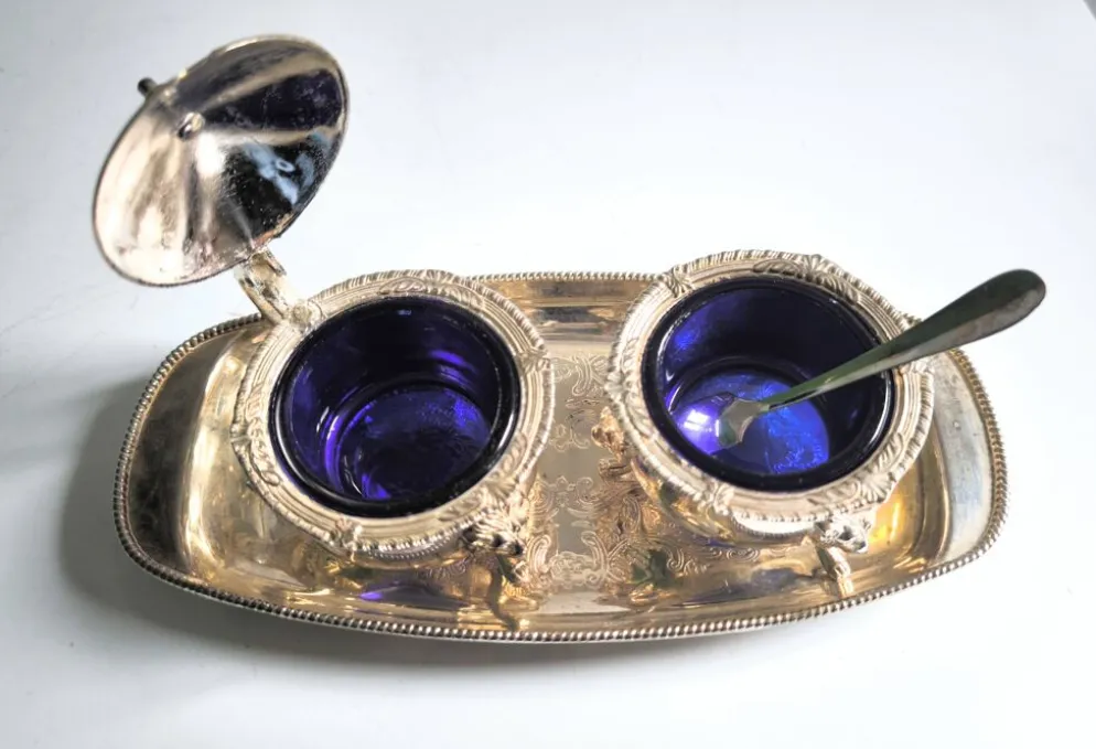 Jeu de caviar ou condiments bleu cobalt première moitié du XXe siècle