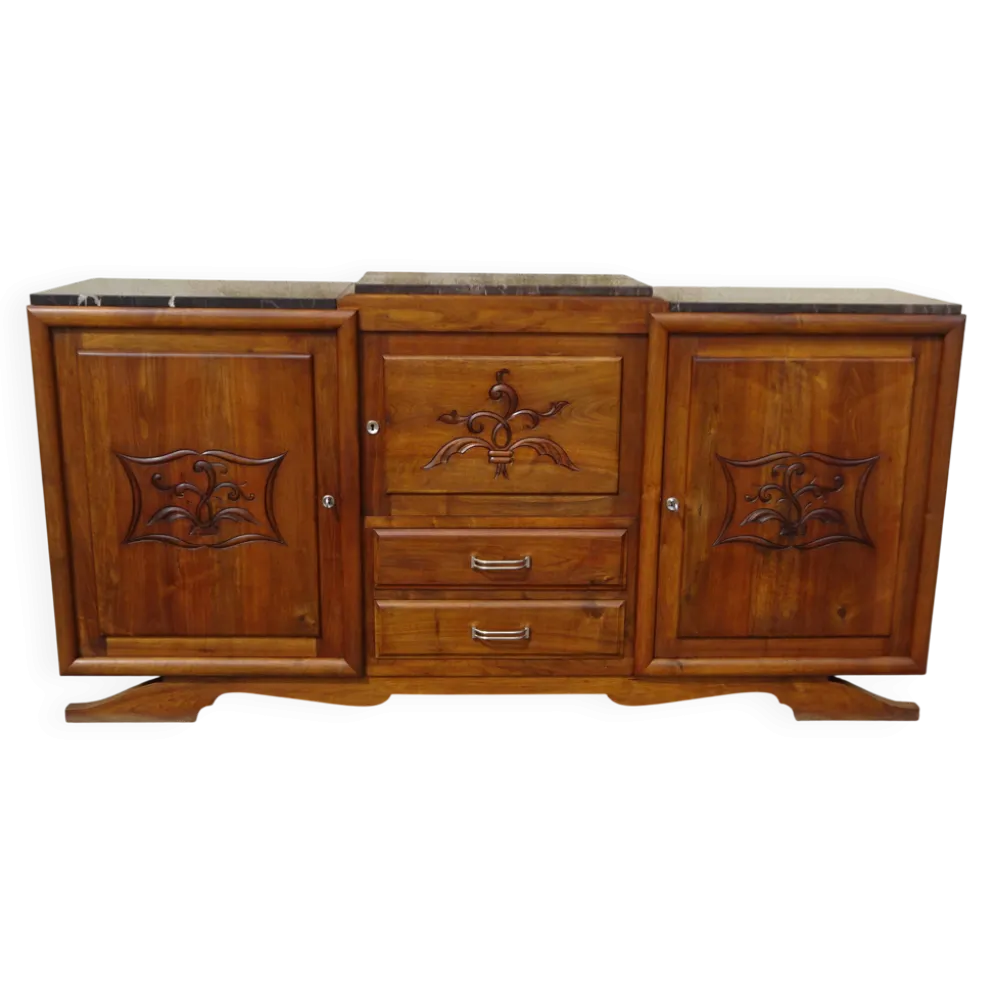 Large buffet en noyer massif, dessus en marbre noir
