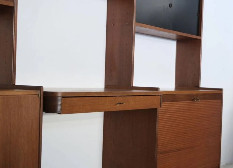 Large Scandinavian wall system in teak with integrated desk – vintage from the 1970s.