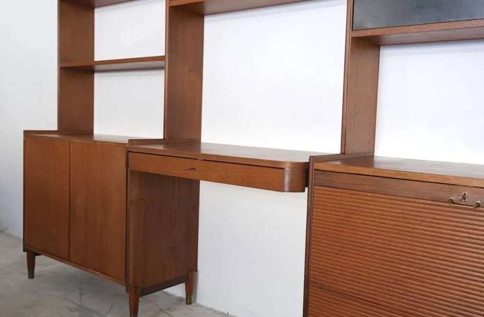 Large Scandinavian wall system in teak with integrated desk – vintage from the 1970s.