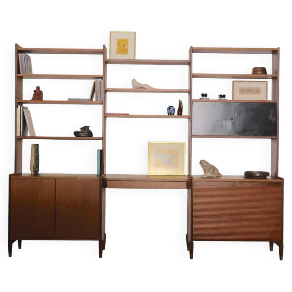 Large Scandinavian wall system in teak with integrated desk – vintage from the 1970s.