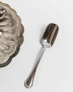 Élégant sucrier vintage en forme de coquillage en argent des années 1960 avec cuillère.
