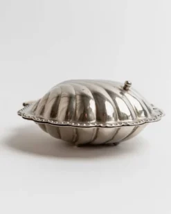 Élégant sucrier vintage en forme de coquillage en argent des années 1960 avec cuillère.
