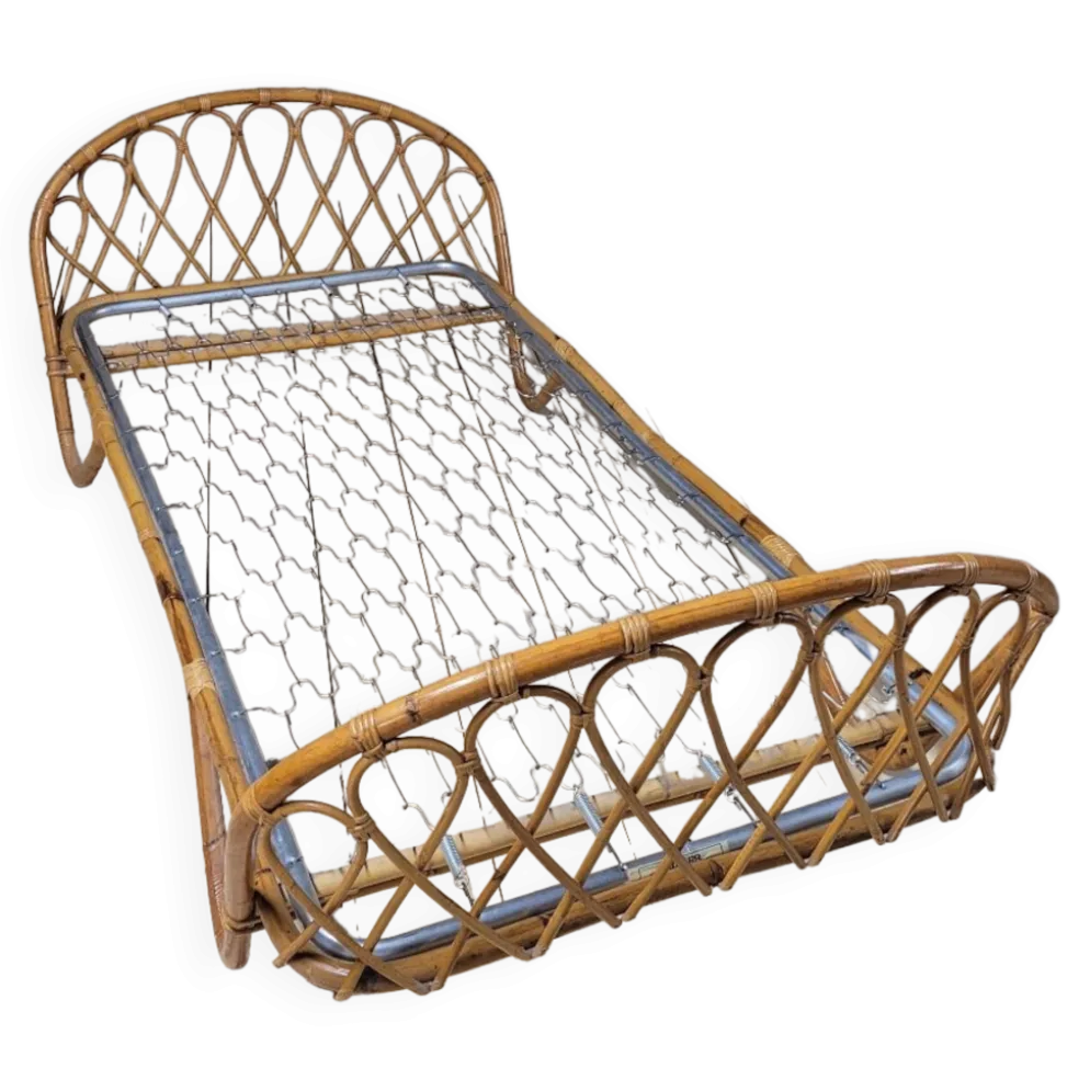 Lit banquette corbeille en rotin vintage- 1950s