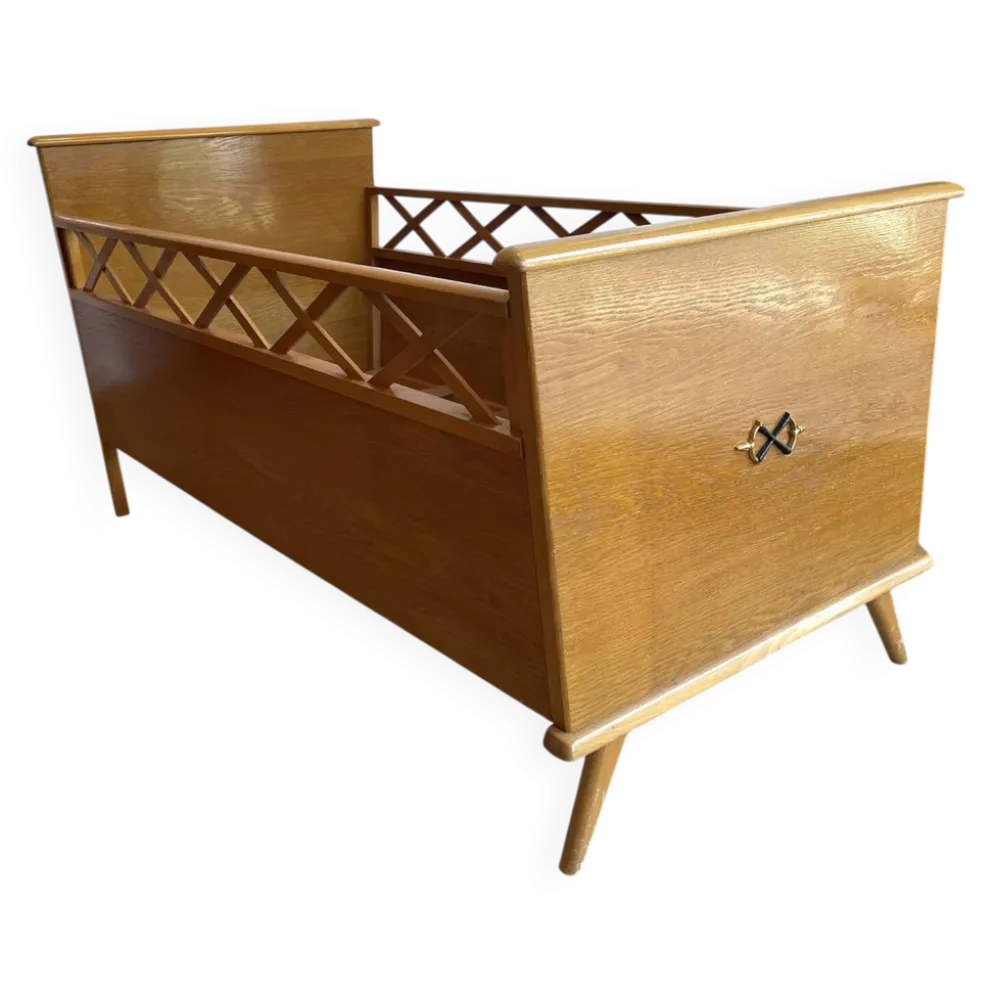 Lit bébé / Berceau vintage en bois et pieds compas - Design Mid-Century