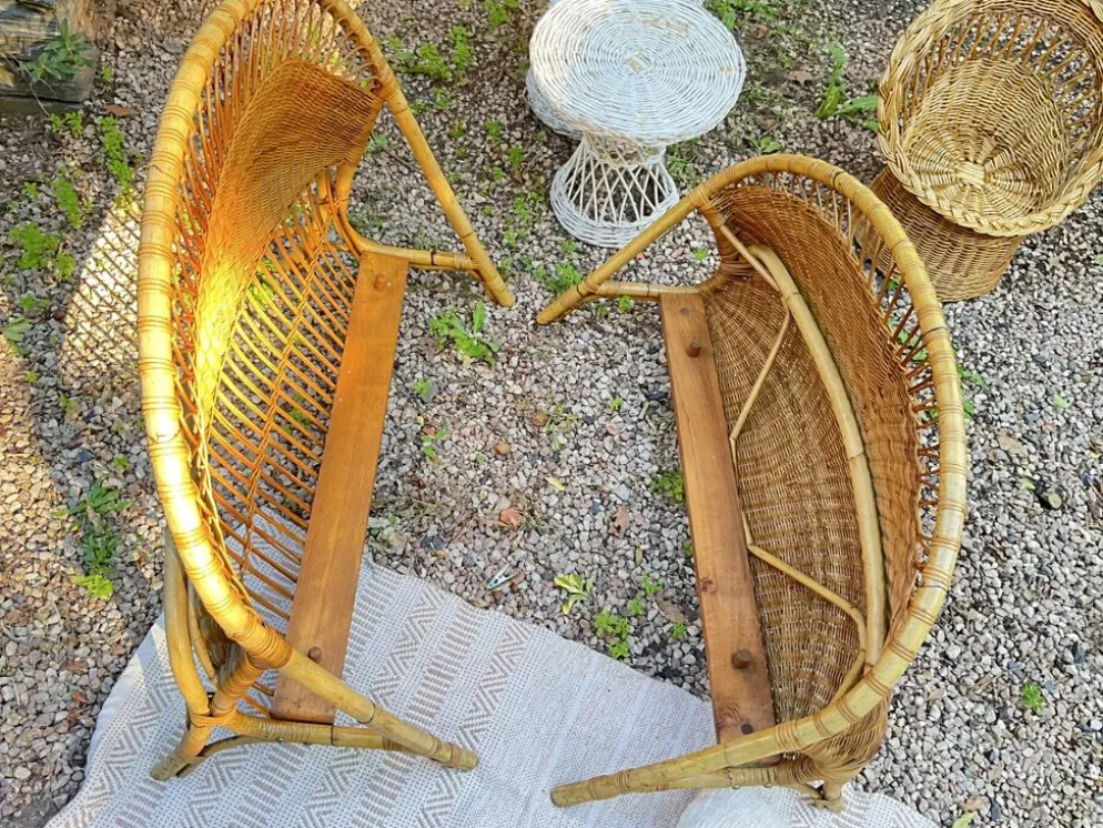 Lit corbeille enfant en rotin seventies