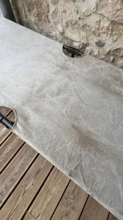 Lit de camp militaire pliant ancien en toile et métal vert kaki