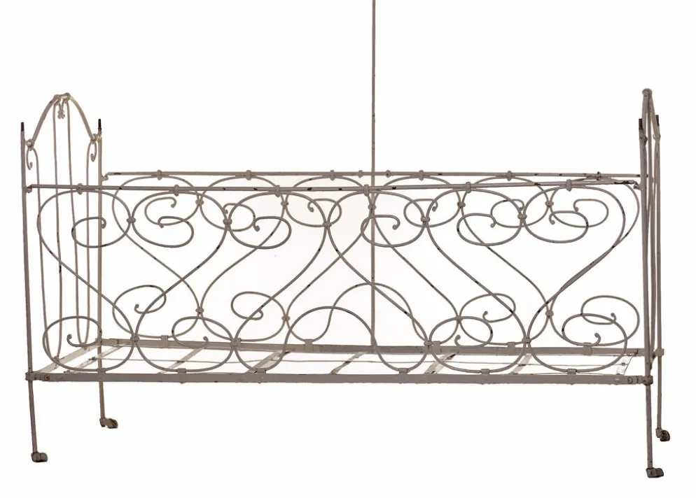Lit d'enfant pliant avec ciel en fer forgé ou banquette de jardin romantique 19e