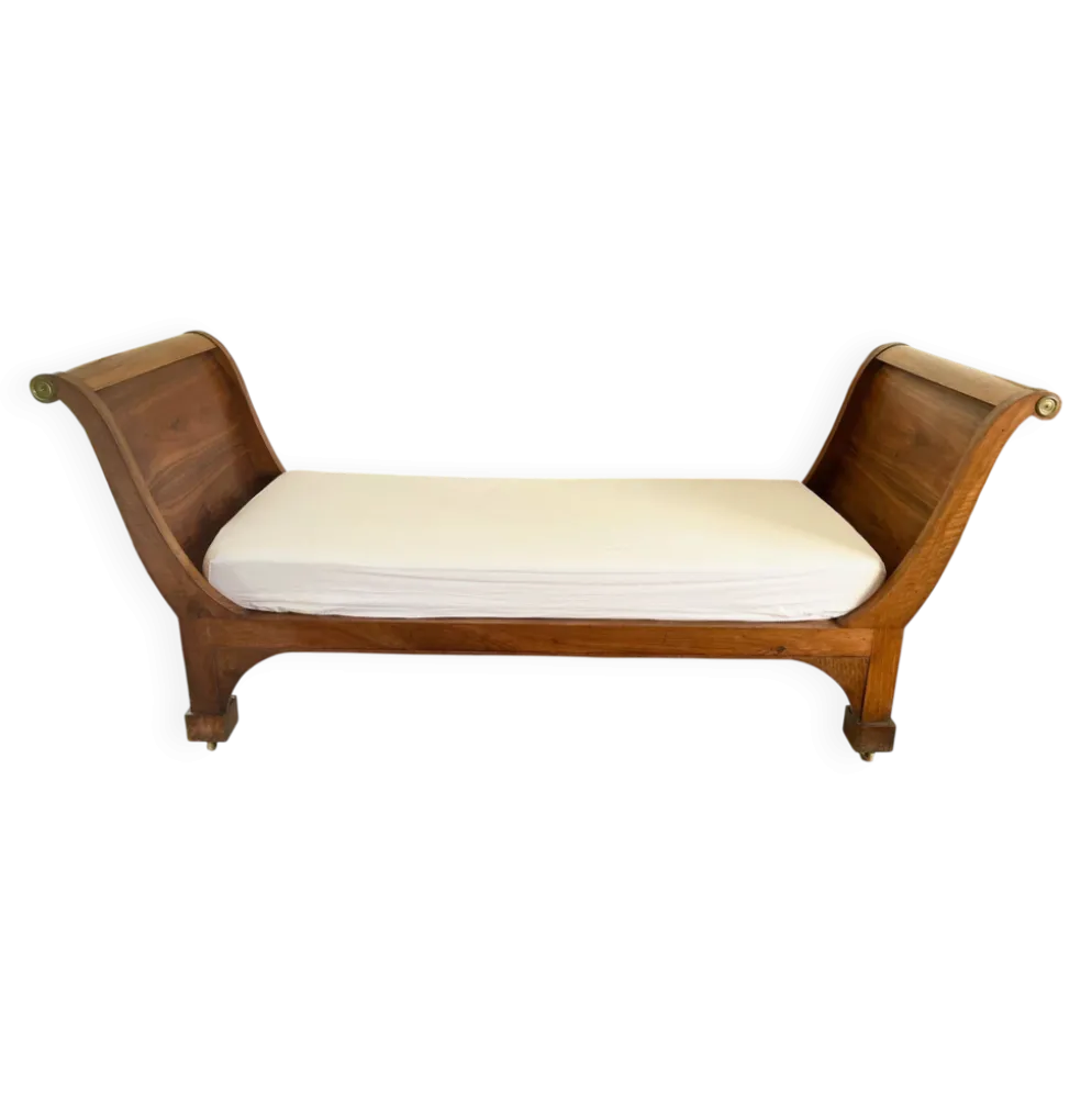 Lit de repos Empire XIXe + matelas neuf couchage 180x73cm, méridienne noyer