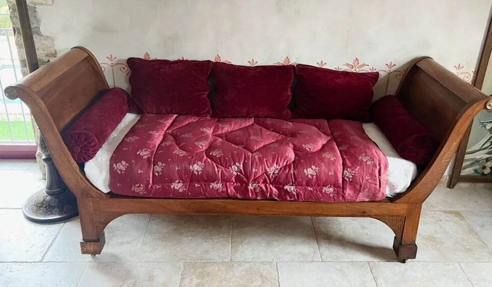 Lit de repos Empire XIXe + matelas neuf couchage 180x73cm, méridienne noyer