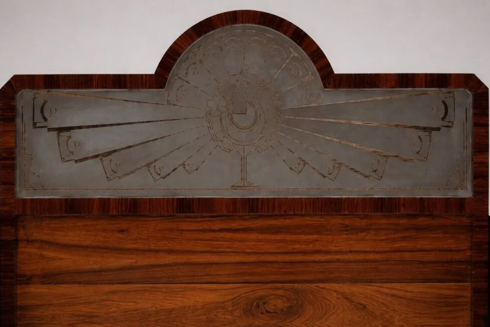 Lit double Art Déco – Palissandre, laque noire et verre sablé – Années 1930