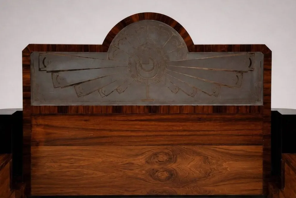Lit double Art Déco – Palissandre, laque noire et verre sablé – Années 1930