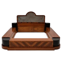 Lit double Art Déco – Palissandre, laque noire et verre sablé – Années 1930