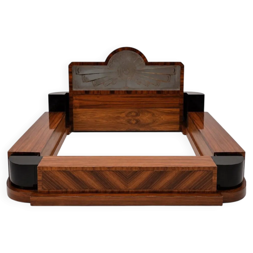Lit double Art Déco – Palissandre, laque noire et verre sablé – Années 1930