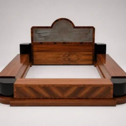 Lit double Art Déco – Palissandre, laque noire et verre sablé – Années 1930