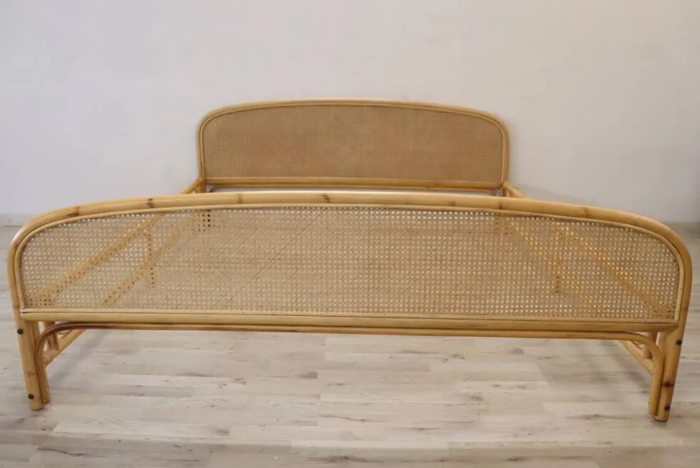 Lit Double En Bambou Et Paille De Vienne, 1980s