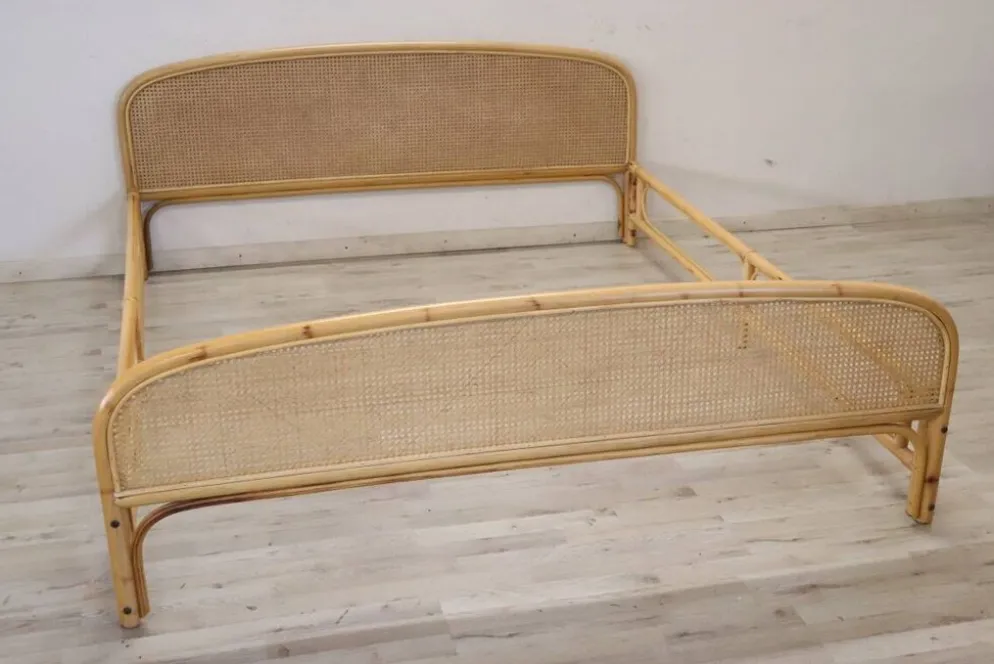 Lit Double En Bambou Et Paille De Vienne, 1980s