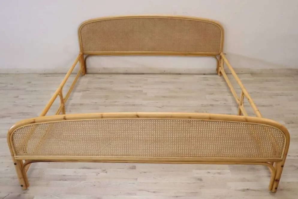 Lit Double En Bambou Et Paille De Vienne, 1980s