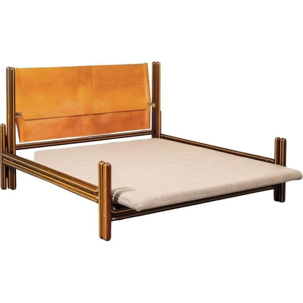 Lit double en bois et cuir attribué à Carlo Scarpa pour Simon Gavina, Italie, 1975