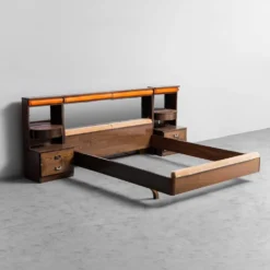 Lit double en bois, tissu, vintage moderne des années 70