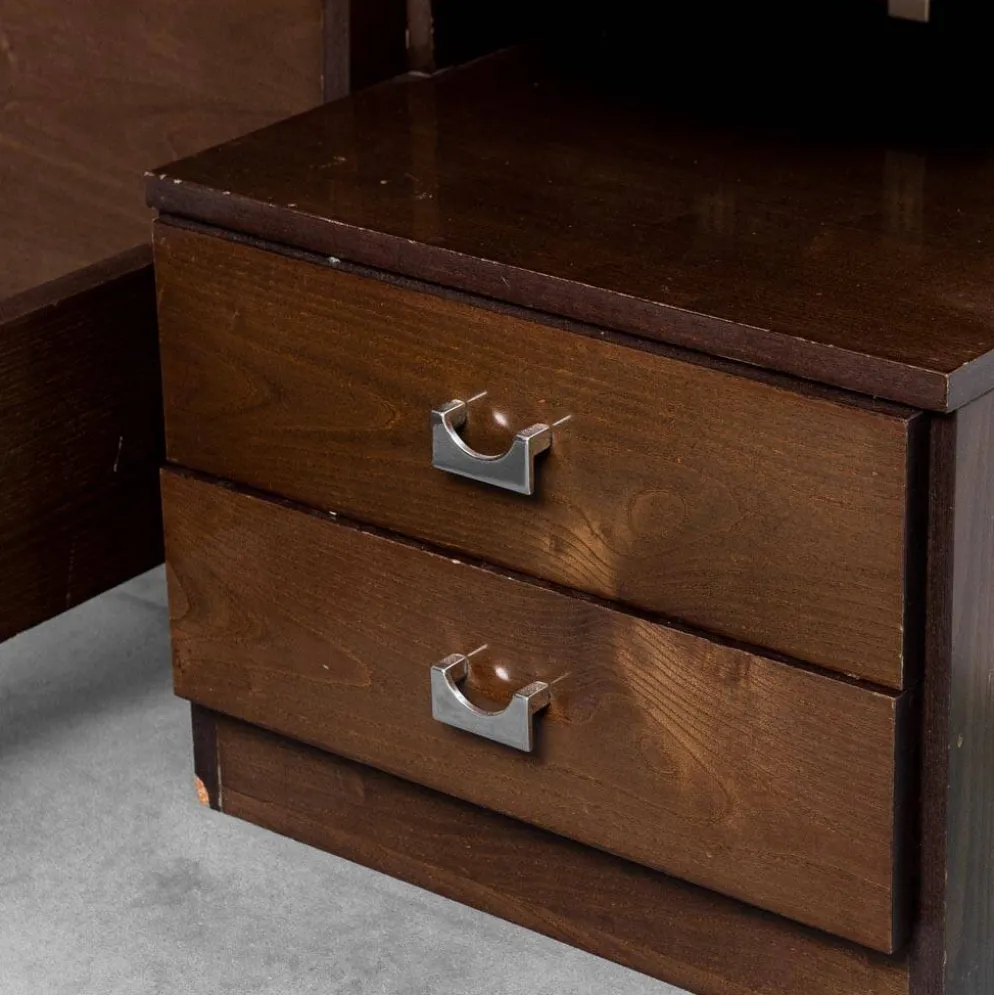 Lit double en bois, tissu, vintage moderne des années 70