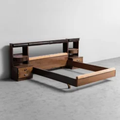 Lit double en bois, tissu, vintage moderne des années 70