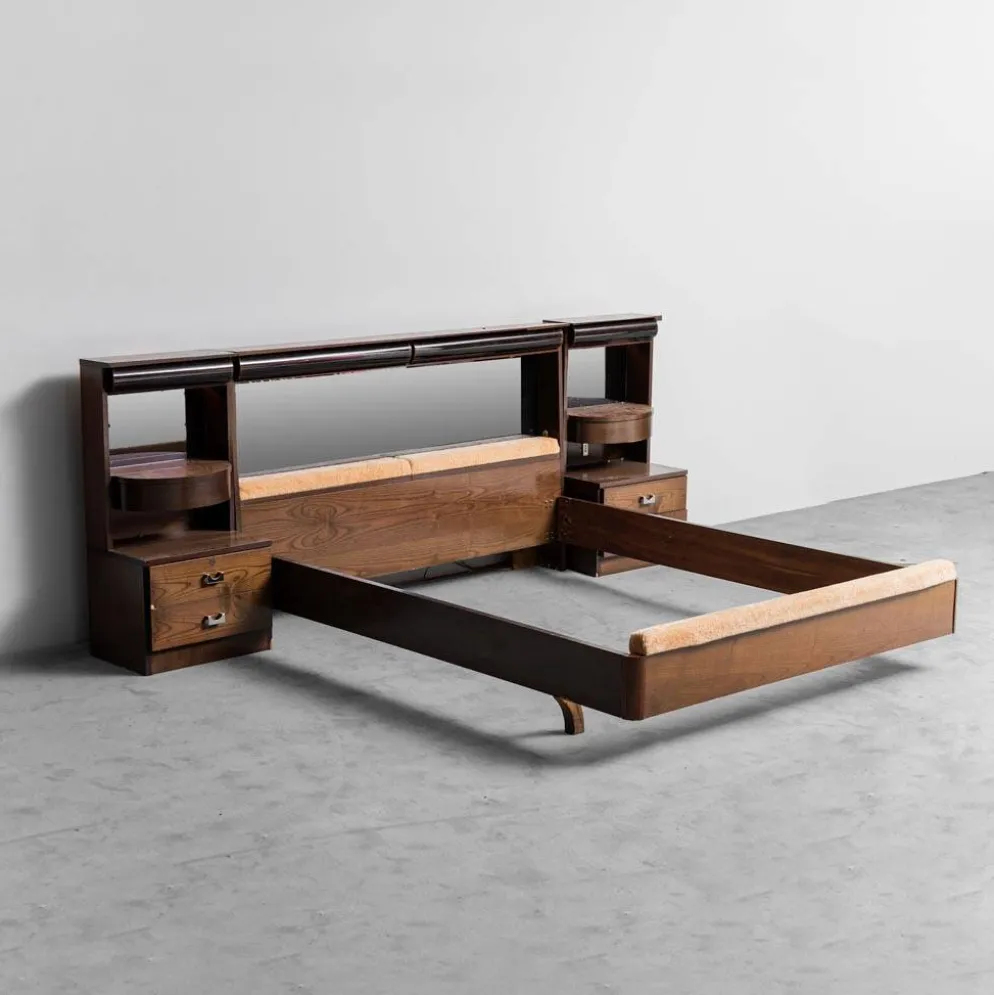 Lit double en bois, tissu, vintage moderne des années 70