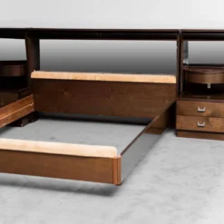 Lit double en bois, tissu, vintage moderne des années 70