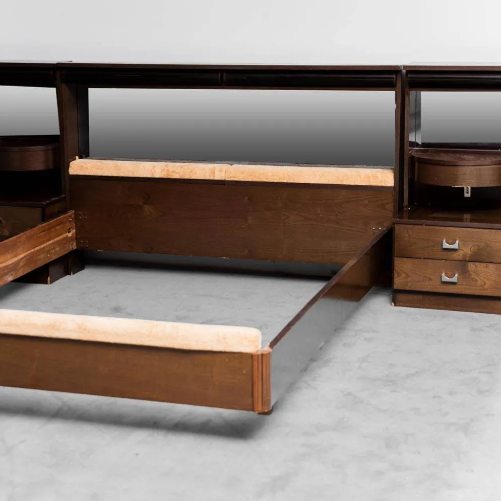 Lit double en bois, tissu, vintage moderne des années 70