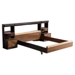 Lit double en bois, tissu, vintage moderne des années 70